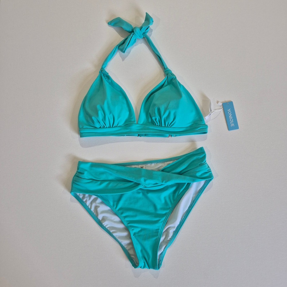Yonique Womens Teal Halter Bikini Set High Waisted Two Piece Swimsuit MEDIUM
